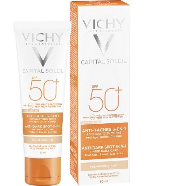 Vichy Écran solaire vichy teinté capital soleil 50+ anti taches 3en1 tous types de peaux  - Parfum et cosmétiques authentiques en vente chez Choupinette para & parfumerie