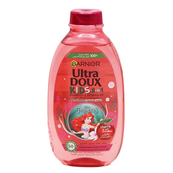 Garnier Shampoing ultra doux kids 2en1 disney princess cherry & soft almond 94% d'origine naturel 400ml - Parfum et cosmétiques authentiques en vente chez Choupinette para & parfumerie