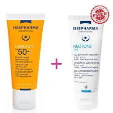 Isispharma Kit crème solaire isispharma teinté uvoblock spf80 + gel netoyant exfoliant neotone offert - Parfum et cosmétiques authentiques en vente chez Choupinette para & parfumerie
