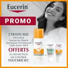 Eucerin Pack travel écran solaire oil control eucerin + écran solaire oil control 20ml offert + gel nettoyant dermopure triple action 20ml offert  - Parfum et cosmétiques authentiques en vente chez Choupinette para & parfumerie