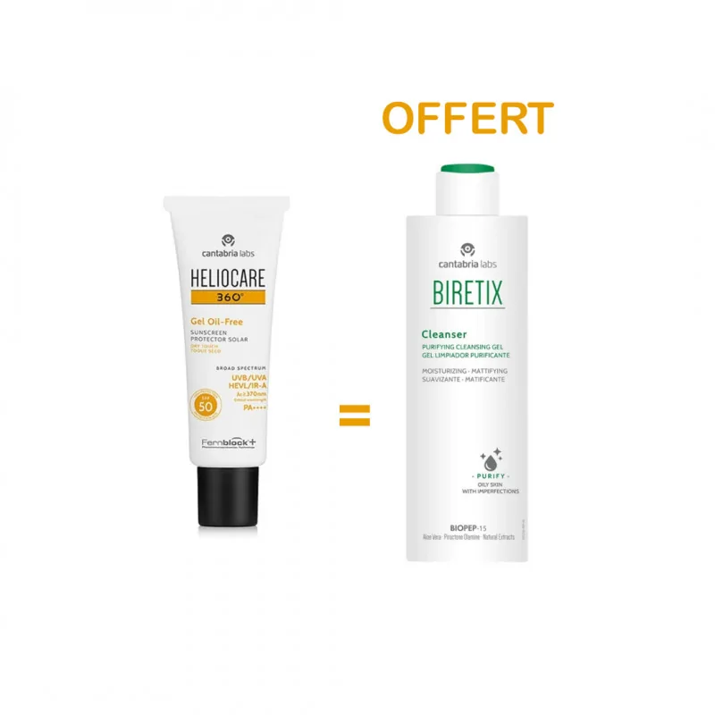 CANTABRIA LABS Pack écran solaire heliocare 360° cantabria labs gel oil free spf50 50ml  + gel nettoyant purifiant biretix 200ml offert - Parfum et cosmétiques authentiques en vente chez Choupinette para & parfumerie