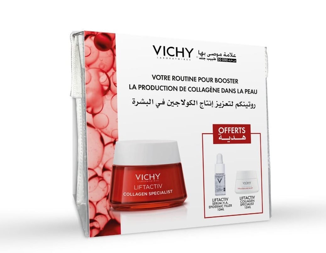 Vichy Kit crème liftactiv collagen specialist vichy 50ml + mini crème liftactiv collagen 15ml offerte + sérum liftactiv sepreme 10ml offert+ trousse offerte - Parfum et cosmétiques authentiques en vente chez Choupinette para & parfumerie