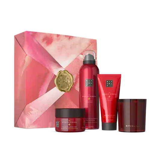 Rituals Coffret ritual of ayurveda taille m (mousse de douche 200ml, gommage corporel 125ml, crème corporel 100ml, bougie parfumée 140g) - Parfum et cosmétiques authentiques en vente chez Choupinette para & parfumerie