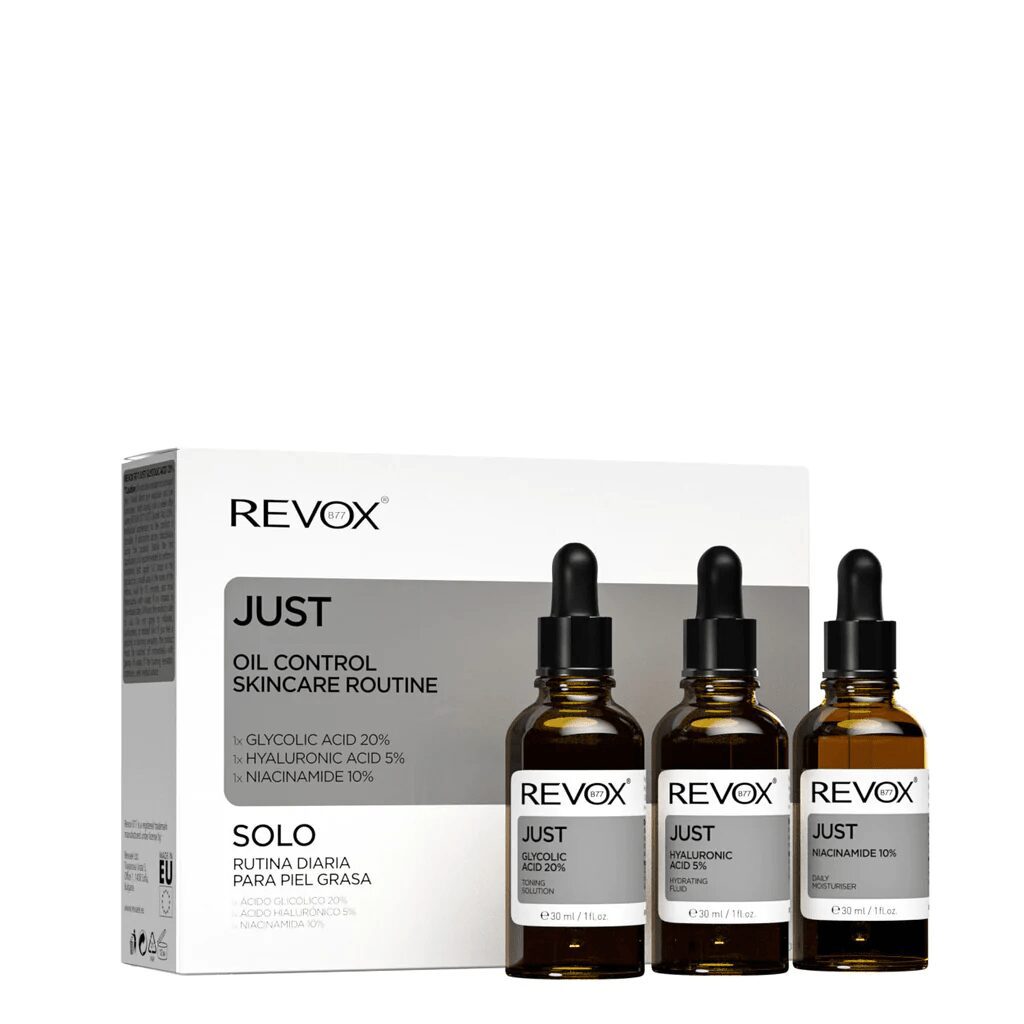 REVOX Coffret revox just oil control (acide glycolique 20%+acide hyaluronique 5%+niacinamide 10%) - Parfum et cosmétiques authentiques en vente chez Choupinette para & parfumerie