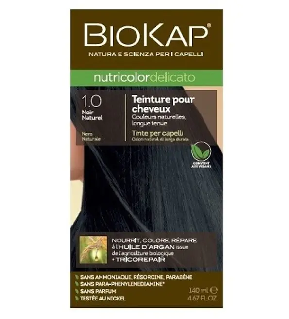 Coloration cheveux biokap nutricolor à l'huile d'argan bio + tricorepair n°1.0 noir  - biokap | Parfumerie & Parafumerie en ligne