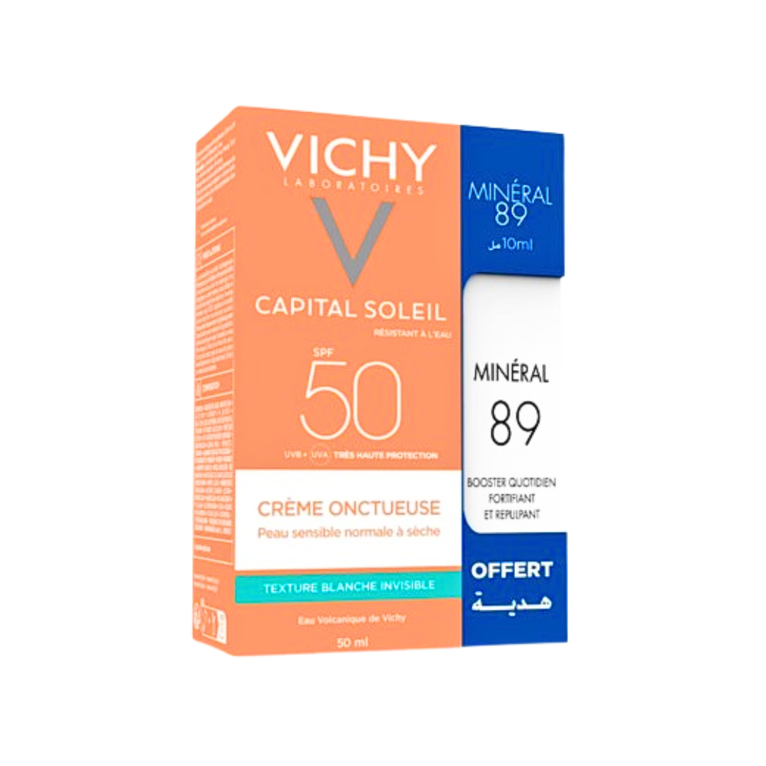 écran vichy capital soleil émulsion toucher sec spf50+ + sérum minéral 89 booster quotidien fortifiant et repulpant 10ml offert - Vichy | Parfumerie & Parafumerie en ligne