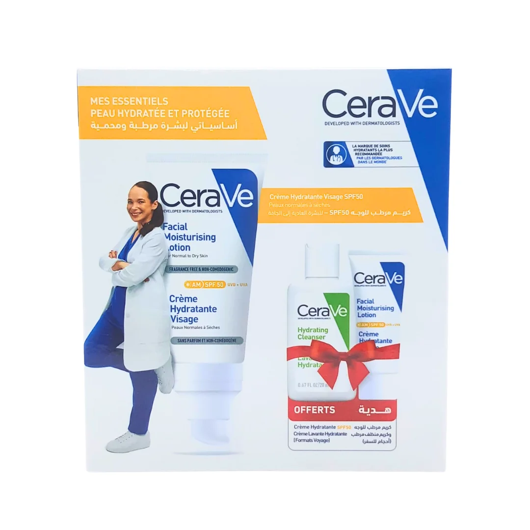 Cerave coffret crème hydratante cerave AM spf50 52ml + (crème hydratante AM 3ml et crème lavante cerave 20ml offerts) - Parfum et cosmétiques authentiques en vente chez Choupinette para & parfumerie