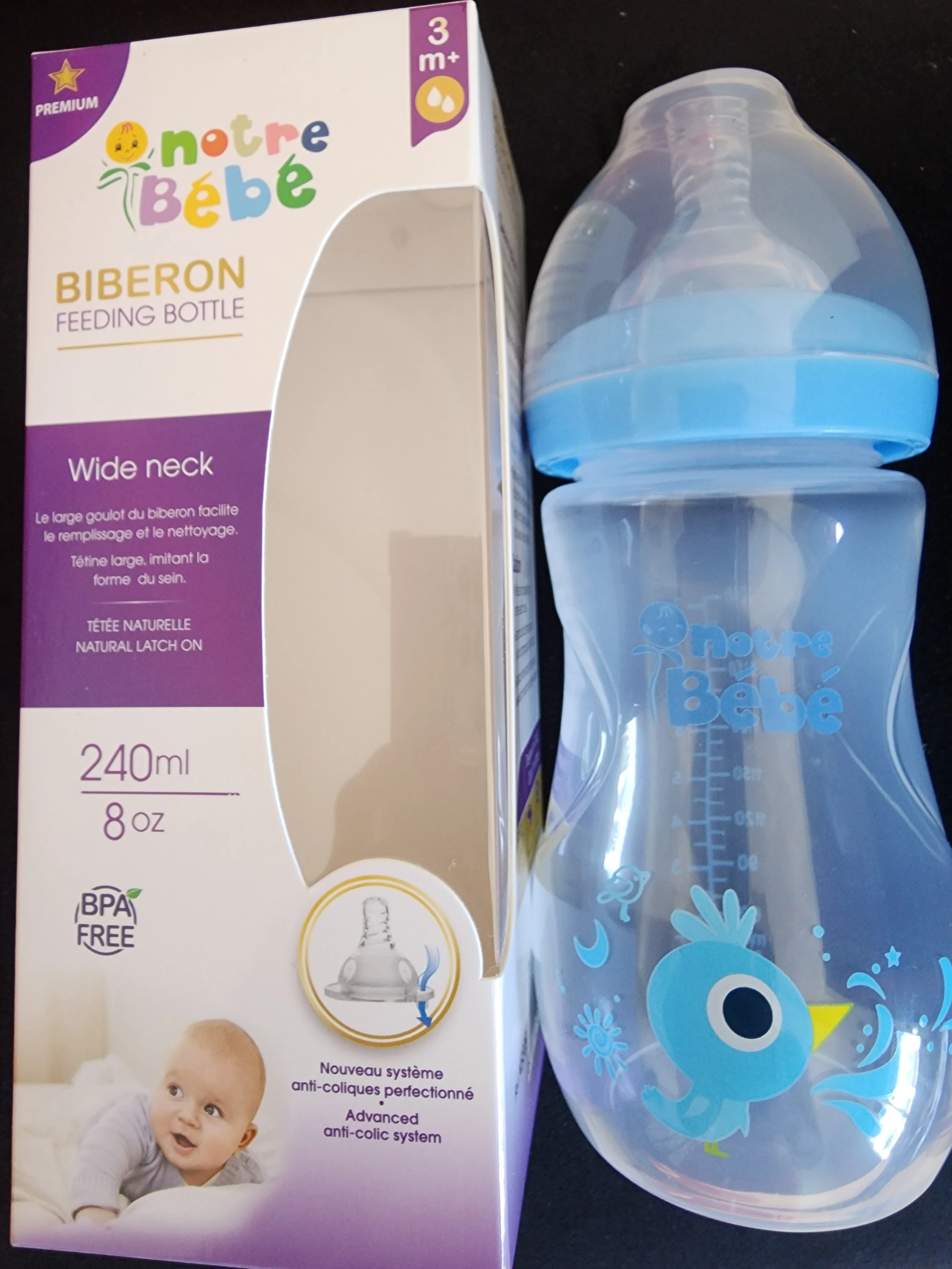 biberon notre bébé 3m+ bleu 240ml - Notre bébé | Parfumerie & Parafumerie en ligne