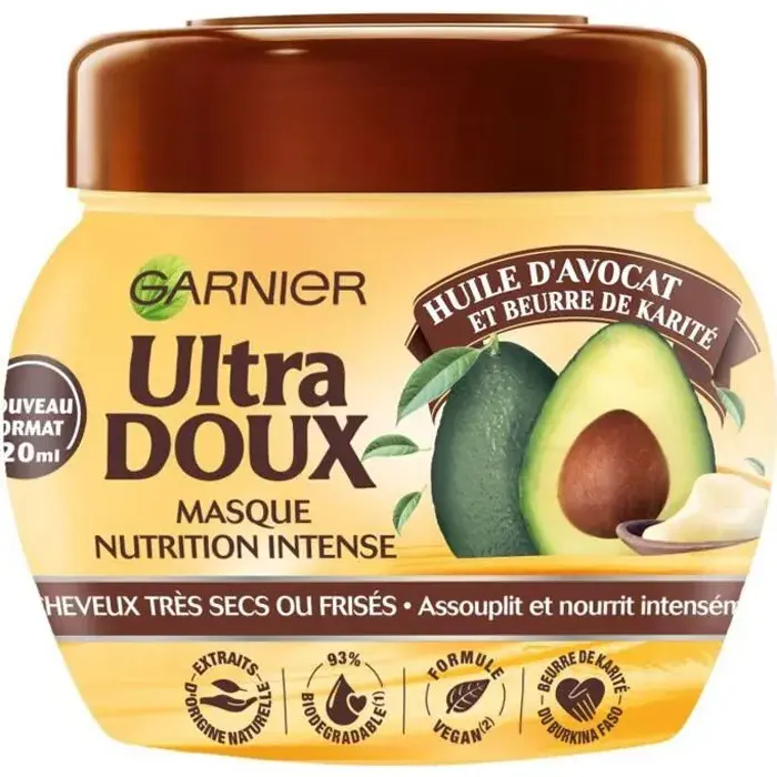 Masque garnier ultra doux huile d'avocat et beurre de karité cheveux très secs ou frisés 320ml - Garnier | Parfumerie & Parafumerie en ligne