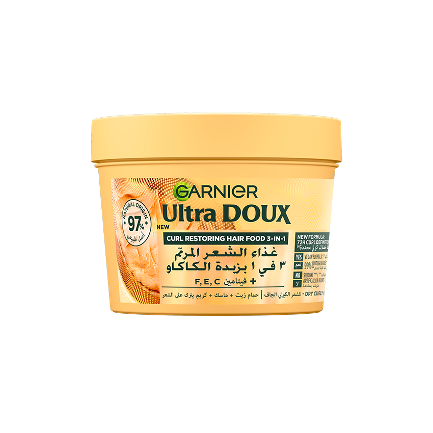 Masque garnier ultrat doux 3en1 beurre de cacao et huile de jojoba cheveux bouclés à frisés 390ml - Garnier | Parfumerie & Parafumerie en ligne