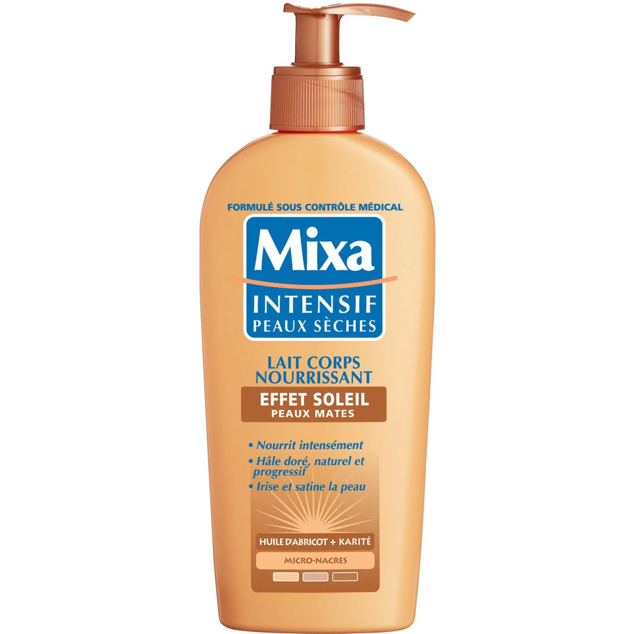 Mixa Lait mixa intensif peaux sèches effet soleil huile d'abricot et karité peaux mates 250ml - Parfum et cosmétiques authentiques en vente chez Choupinette para & parfumerie